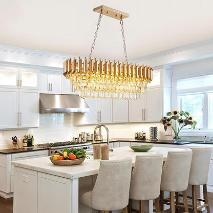 Modern Rectangular Chandelier Gold Crystal Chandeliers for Dining Room, 10-Light Pendant Light Fixture Oval Contemporary Ceiling Hanging Light for Kitchen