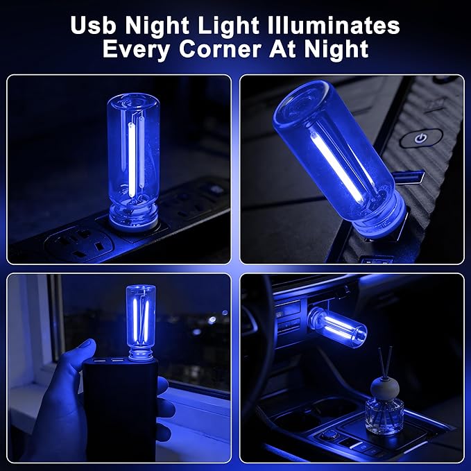 2 Packs USB Light for Car, Touch Dimmable Car Interior Ambient Lights - Portable Mini USB LED Light Bulb, Retro Glass Bottle Night Light for Vehicle, Bedroom, Hallway, Camping (Blue)