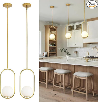 Yunnix Pendant Lights Kitchen Island, Pendant Light Fixtures, 2 Pack Modern Gold Globe Glass Pendant Lighting, Brass Mid Century Chandelier One Light for Bathroom Bedroom Dining Room