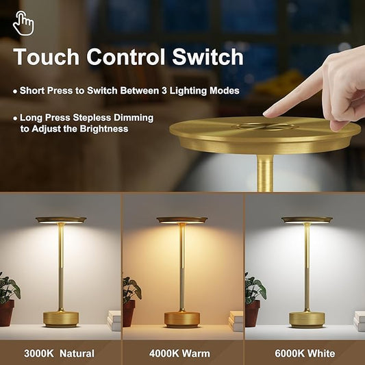LED Rechargeable Cordless Table Lamp, Battery Operated Stepless Dimming Modern Portable Outdoor Table Light for Dining Restaurant Patio.(Brushed Gold)