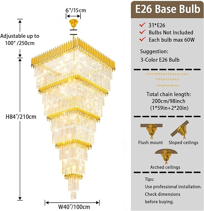 W40 x H120 Large Gold Chandeliers for High Ceiling, 37-Light Square Tiered K9 Crystal Raindrop Chandelier, Adjustable Height Luxury Pendant Light for Staircase, Villa Foyer, Entryway