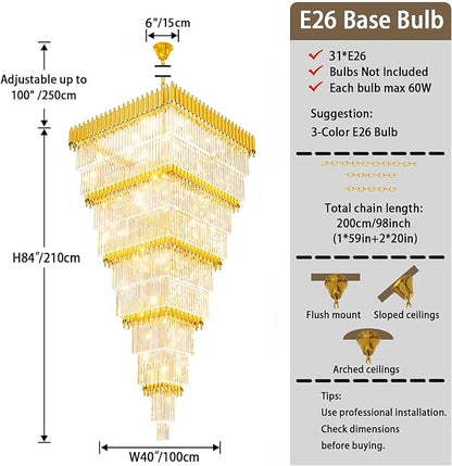 W40 x H120 Large Gold Chandeliers for High Ceiling, 37-Light Square Tiered K9 Crystal Raindrop Chandelier, Adjustable Height Luxury Pendant Light for Staircase, Villa Foyer, Entryway
