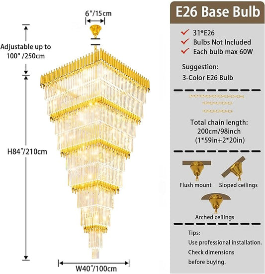 W40 x H120 Large Gold Chandeliers for High Ceiling, 37-Light Square Tiered K9 Crystal Raindrop Chandelier, Adjustable Height Luxury Pendant Light for Staircase, Villa Foyer, Entryway