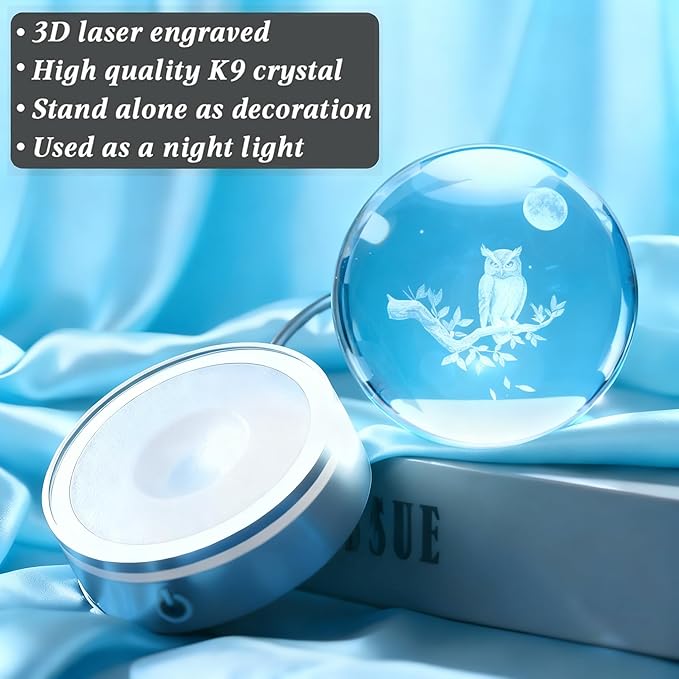 Owl Gifts, 3D 3.15 Inch (80mm) Crystal Ball Owl Lamp with Battery Powered, RGB Color Light for Birthday Xmas Cool Upgraded Owl Figurines Gifts for Room Decor Boys Girls