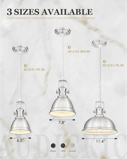 2-Pack Pendant Lights Kitchen Island, 8" Farmhouse Hanging Lights Fixtures with Metal Shade, Rustic Kitchen Pendant Lighting Over Island for Dining Room, Brushed Nickel, AD-2151-2PM-SN