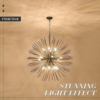 Large Wood Sputnik Chandeliers 18 Light Starburst Chandelier Light Fixture Solid Wood Farmhouse Black Satellite Light Fixture for Living Room Foyer Dining Room Hotal Hall 36in