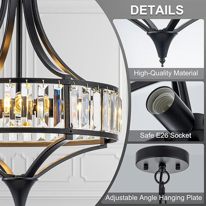 Black Crystal Chandeliers for Dining Room, 15.7" Modern Farmhouse Foyer Chandelier for Entryway, 4-Light Pendant Light Fixtures Over Table for Kitchen Island Bathroom Living Room Bedroom
