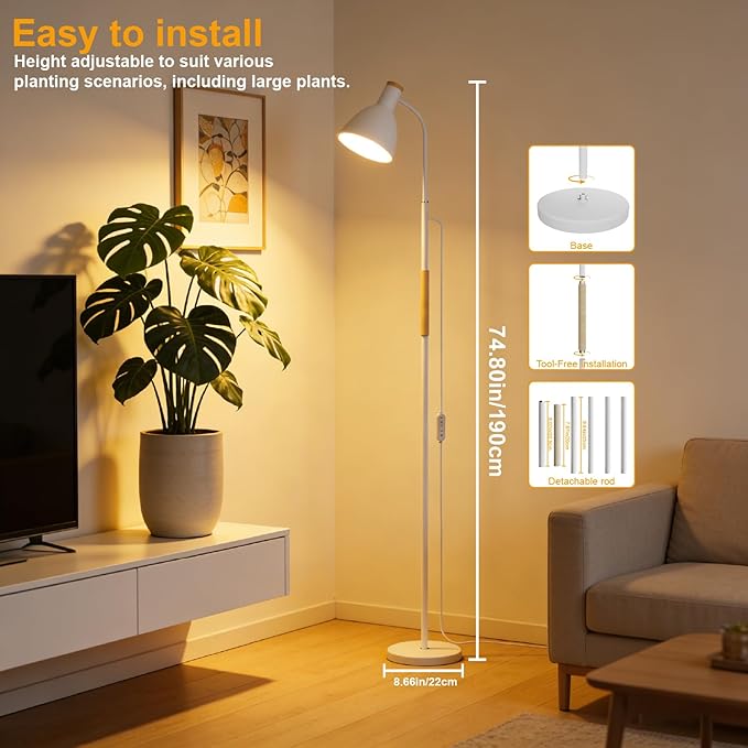 Plant Light for Indoor Plants, Full Spectrum 75" Standing Grow Light for Tall Indoor Trees, Grow Lamp for 20W 98 CRI LED Bulb, Auto 4/8/12H Timer & Flexible Gooseneck for Middle to Large Plants