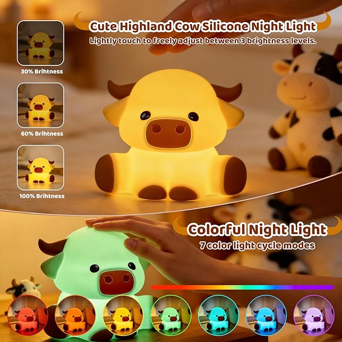 Cute Highland Cow Rechargeable Night Light, LED Touch Silicone Lamp for Bedroom with 7 Colors Timer and Dimmable Squishy Warm Light Night Lights, Animal Lamp for Bedroom Birthday Gift
