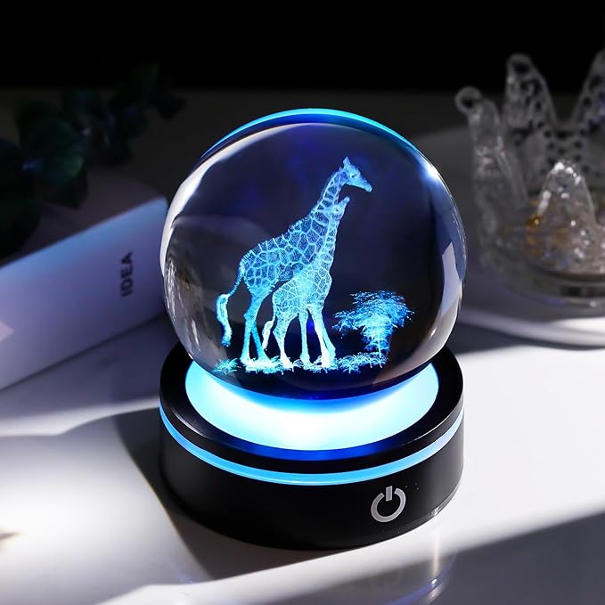 YWHL 3D Giraffe Crystal Ball Figurine with Colorful Light Base, Giraffes Gifts for Women Men on Birthday Christmas, Laser Engraved Giraffes Statue Glass Animal Decorative Ball for Home Decor (80mm)