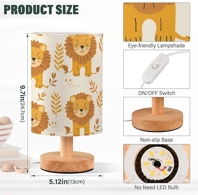 Bedside Table Lamp Cute Lion Leaves Nightstand Lamp with Wood Desk Lamps for Bedroom Living Room Nursery Office Home Decor