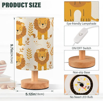 Bedside Table Lamp Cute Lion Leaves Nightstand Lamp with Wood Desk Lamps for Bedroom Living Room Nursery Office Home Decor