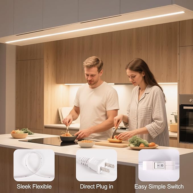 60inch Plug in Under Cabinet Lighting Strip for Kitchen, 120V Bright LED Under Counter Lights 6000k White Slim, Luces para Cocina Bajo Gabinete Under Shelf Wired Light for Sink/Workbench/Bookshelf