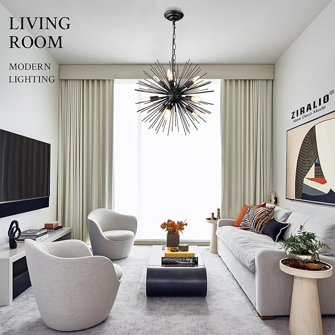 20" Black Sputnik Chandelier Vintage 9-Light Modern Starburst Chandelier Light Fixture Solid Metal Black Satellite Sputnik Chandeliers for Dining Room, Kitchen, Bedroom, Living Room, Foyer