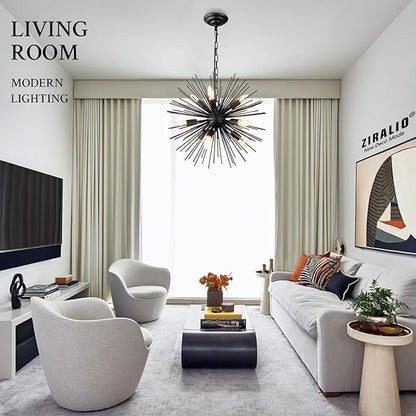20" Black Sputnik Chandelier Vintage 9-Light Modern Starburst Chandelier Light Fixture Solid Metal Black Satellite Sputnik Chandeliers for Dining Room, Kitchen, Bedroom, Living Room, Foyer