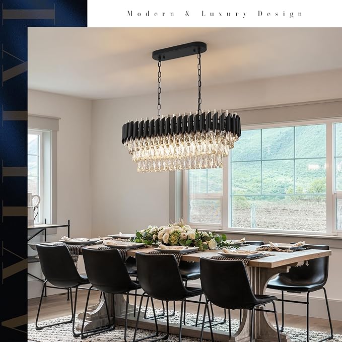 A AXILIXI Modern Rectangular Chandelier Black and Gold Crystal Chandeliers for Dining Room Linear Ceiling Pendant Light Long 32” Luxury Oval Chandelier 8 Lights for Kitchen Island Living Room
