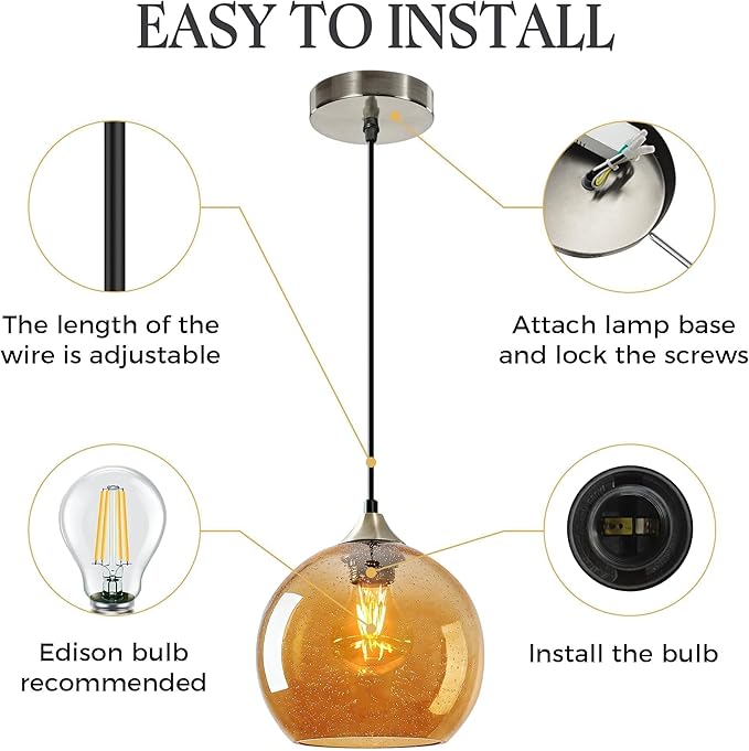 7.1in Medium Amber Glass Pendant Light for Kitchen Island, 1-Pack with Extra LED Bulbs & 4.92ft Adjustable Cord | Modern Minimalist Lighting for Dining Room, Living Room, Entryway
