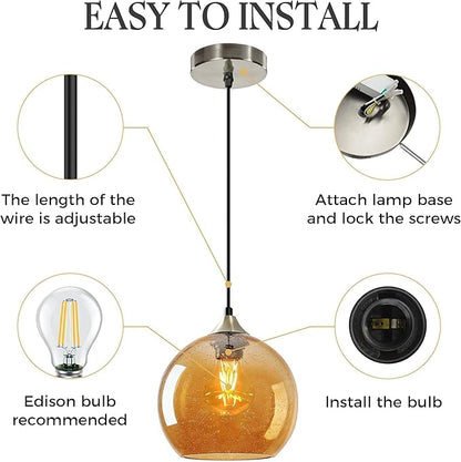 7.1in Medium Amber Glass Pendant Light for Kitchen Island, 1-Pack with Extra LED Bulbs & 4.92ft Adjustable Cord | Modern Minimalist Lighting for Dining Room, Living Room, Entryway