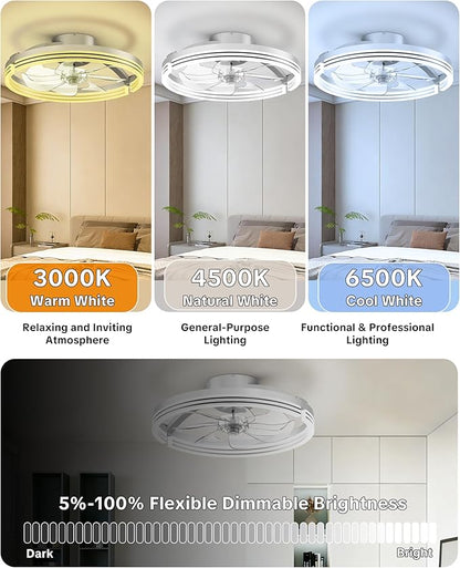 Ceiling Fans with Lights and Remote Low Profile Flush Mount LED Ceiling Fan with Lights 3000K-6500K Dimmable Foldable Fandelier Light 6 Wind Speeds Night Light for Bedroom Living Room White
