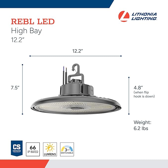 Lithonia Lighting REBL Round High Bay LED Light, 12,000/15,000/18,000 Adjustable Lumen Output, 3500K/4000K/5000K Switchable White Color Temperature, Work Light, UVOLT 120-347V, 12.2" x 7.5", Bronze