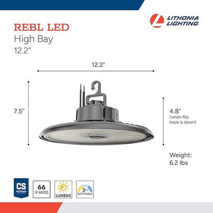 Lithonia Lighting REBL Round High Bay LED Light, 12,000/15,000/18,000 Adjustable Lumen Output, 3500K/4000K/5000K Switchable White Color Temperature, Work Light, UVOLT 120-347V, 12.2" x 7.5", Bronze