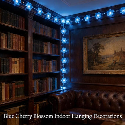 Blue Flower String Lights Indoor Outdoor Decorations, 33ft Connectable Clear Wire 100 LED Cherry Blossom Fairy Light with 8Mode & Memory for Christmas Easter Birthday Wedding Party Bedroom Décor