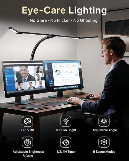 ONEMIX 42" LED Desk Lamp with Clamp, Architect Desk Light with Remote, Adjustable 4-Segment Bar, 1800LM Bright, Eye-Caring Desk Lamp for Home Office, Reading, Study, Dual Monitors, Workbench(Black)