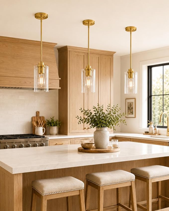 Brass Pendant Lights Kitchen Island 2 Pack, Farmhouse Gold Pendant Lighting with Clear Glass Shade, Mini Hanging Light Fixture for Kitchen Sink Dining, AD-22281-1P2-GD-C