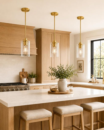 Brass Pendant Lights Kitchen Island 2 Pack, Farmhouse Gold Pendant Lighting with Clear Glass Shade, Mini Hanging Light Fixture for Kitchen Sink Dining, AD-22281-1P2-GD-C