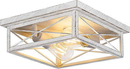Kondras Antique White Hallway Light Fixture, 2-Light Farmhouse Flush Mount Ceiling Lighting, 1-Pack Metal Kitchen Lighting Fixture, Square Close to Ceiling Lamp for Bedroom Living Room Entryway