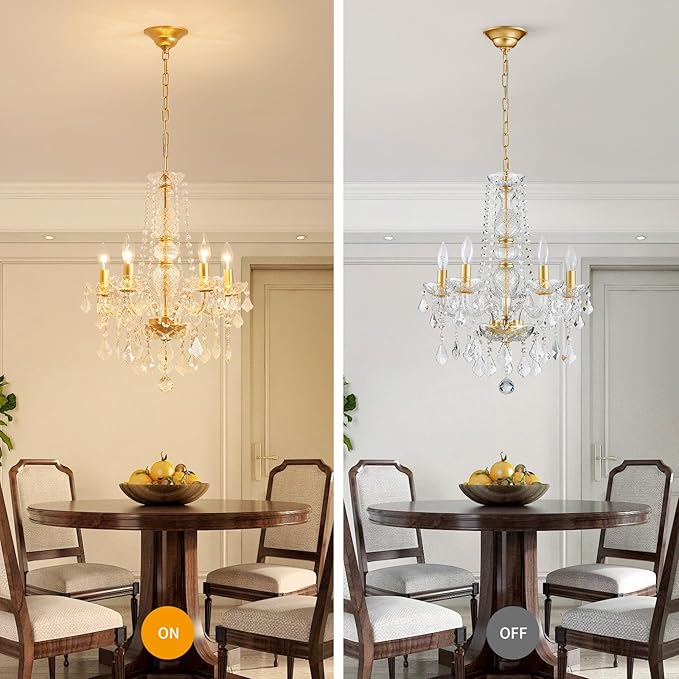 WUZUPS Crystal 5-Light Candle Chandelier Pendant Flushmount Ceiling Light Modern Lighting Fixture for Bedroom Hallway Bar Kitchen Bathroom, H 25" x W 20", Gold, E12 Base