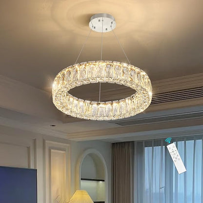 HAIXIANG Modern Crystal Chandelier Dimmable LED 16 Inch Ring Pendant Lights Adjustable Glam Chandeliers Lighting Fixtures for Dining Room Living Room Bedroom Silver Light