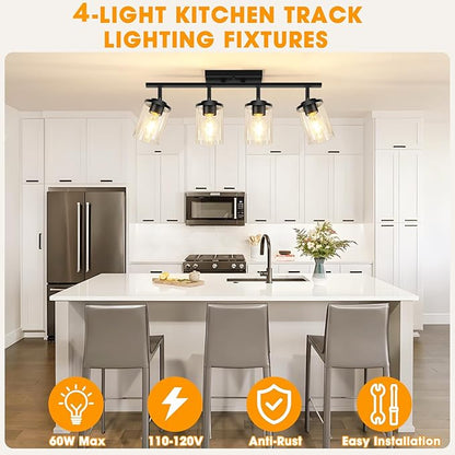 FadimiKoo 4-Lights Track Lighting Fixtures Ceiling with Clear Glass Shades, Modern Black Semi Flush Mount Ceiling Light, Rotatable Wall Mount Ceiling Lamp for Kitchen Hallway Bedroom