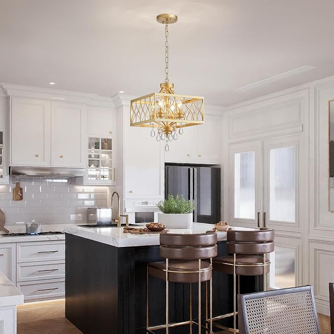 Farmhouse Crystal Chandelier Gold Modern K9 Crystal Ceiling Chandelier Lighting Fixture, Hanging Pendant Light Fixture, Kitchen Island Lighting for Dining Room Living Room Entryway Bedroom Hallway