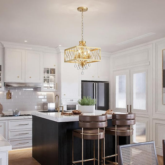 Farmhouse Crystal Chandelier Gold Modern K9 Crystal Ceiling Chandelier Lighting Fixture, Hanging Pendant Light Fixture, Kitchen Island Lighting for Dining Room Living Room Entryway Bedroom Hallway