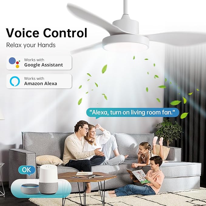 48 Inch Ceiling Fan with Lights Flush Mount Modern Energy-Efficient Outdoor Ceiling Fans with Remote,3 CCT Dimmable Quiet DC Motor & Timer for Patio/Bedroom/Farmhouse (White, 48 Inch/Smart Control)