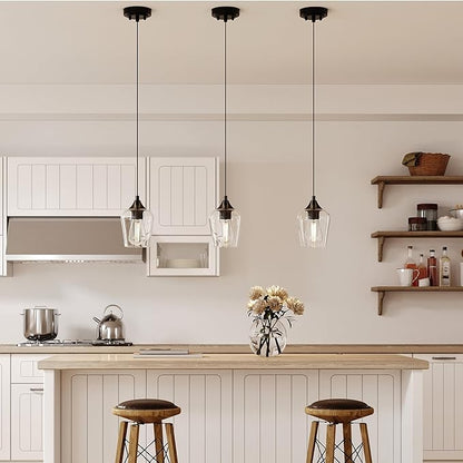 VONLUCE Pendant Light Kitchen Island, Matte Black Pendant Light Fixture with E26 Base & Adjustable Cable, Modern Pendant Lighting with Glass Shade for Living Room Bedroom Hallway