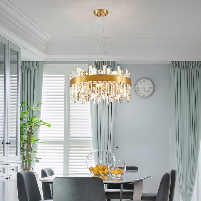 Saint Mossi 20" Dimmable Modern LED Crystal Chandelier, Luxury Round Lingting Fixture with Crystal Strips, Gold Metal Frame, 8-Light E12 Fixture for Dining Room, Living Room (D20 x H20)