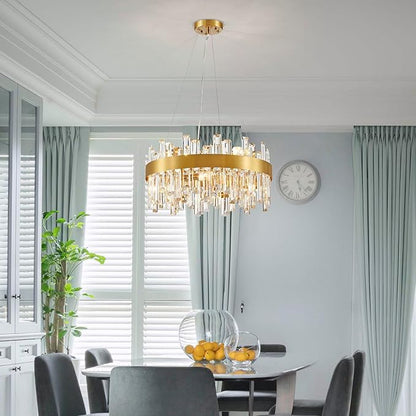 Saint Mossi 20" Dimmable Modern LED Crystal Chandelier, Luxury Round Lingting Fixture with Crystal Strips, Gold Metal Frame, 8-Light E12 Fixture for Dining Room, Living Room (D20 x H20)