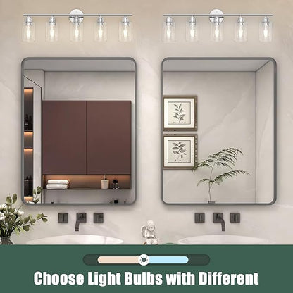 Bathroom Vanity Light Fixtures Polished Chrome Bathroom Lighting Fixture, 5 Lights Bathroom Light Fixture Over Mirror, Modern Black Vanity Light, Wall Sconces with Glass Shades