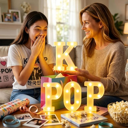 KPOP Light Up Letters Marquee Signs for Bedroom Decor, Battery Powered LED Alphabet Lamps for K-Pop Birthday Party Supplies, Concert Celebration Background & Fan Gift Room Accessories White