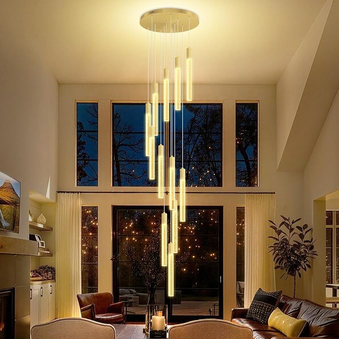 Luxury 12 Light Modern Crystal Pendant Light - 118" High Ceiling Gold LED Dimmable Pendant Light for Bedside Island Kitchen Living Room