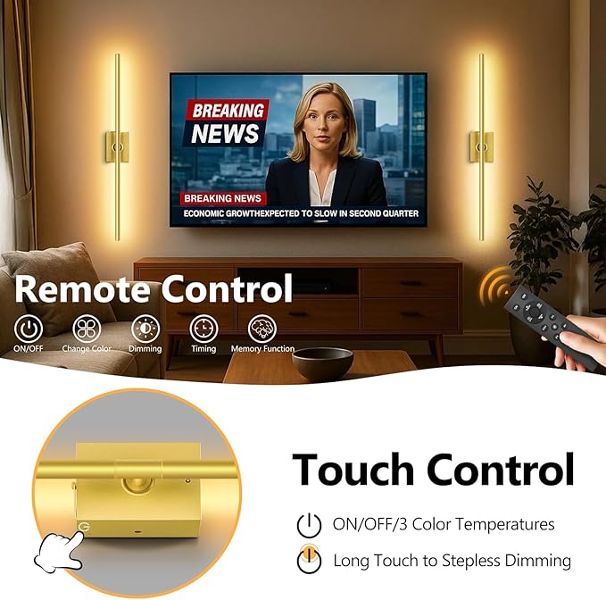 1 Pack Rechargeable Wall Sconce - Gold 10000mAh Battery Operated Wall Sconce with Remote and Touch, 31-inch LED Wireless Wall Light, 360° Rotate 4CCT Wall Scone Decor for TV, Bedroom, Living Room