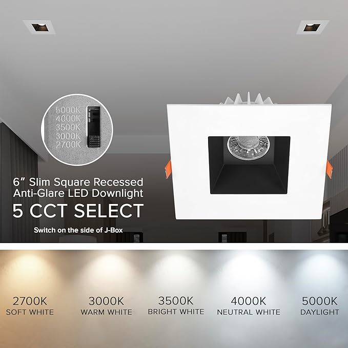 Maxxima 6” Ultra-Thin Recessed Anti-Glare LED Downlight Canless IC Rated 1200 Lumens 5 CCT Select 2700K/3000K/3500K/4000K/5000K Dimmable Square White Trim Black Baffle 90 CRI 5CCT Slim J-Box Included