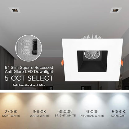 Maxxima 6” Ultra-Thin Recessed Anti-Glare LED Downlight Canless IC Rated 1200 Lumens 5 CCT Select 2700K/3000K/3500K/4000K/5000K Dimmable Square White Trim Black Baffle 90 CRI 5CCT Slim J-Box Included