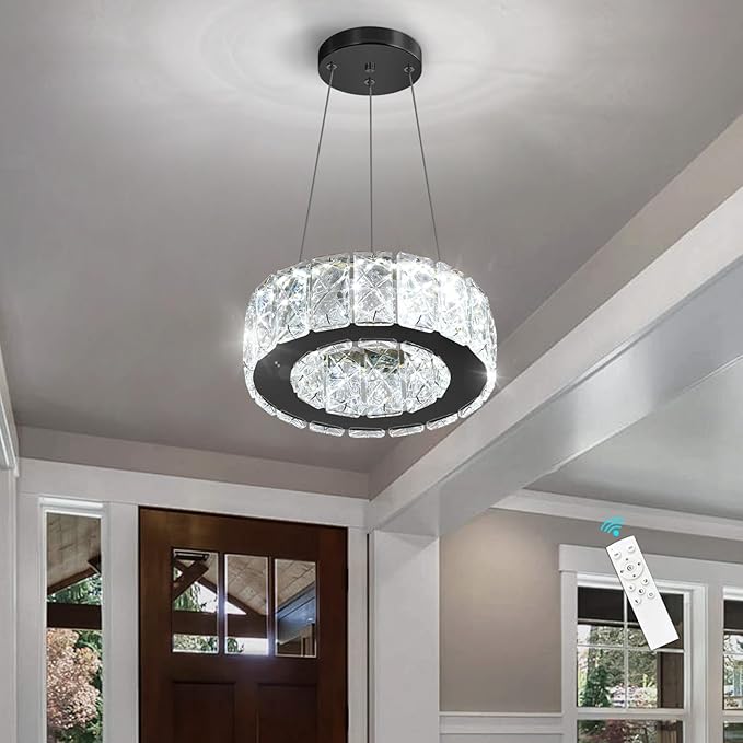 Modern Crystal Chandelier 8W Dimmable LED Crystal Pendant Light Fixtures Height Adjustable Round Chandeliers for Dining Room Hallway Bedroom Black