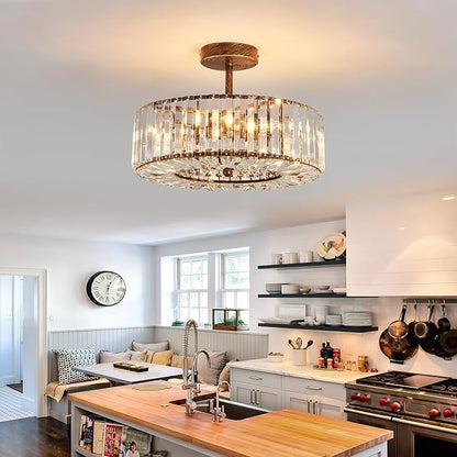 Piepooye 4 Lights Modern Crystal Chandelier Oil Rubbed Bronze Round Semi Flush Mount Ceiling Light Fixture Farmhouse Chandelier for Dinning Room Living Room Bedroom Hallway Entryway Kitchen
