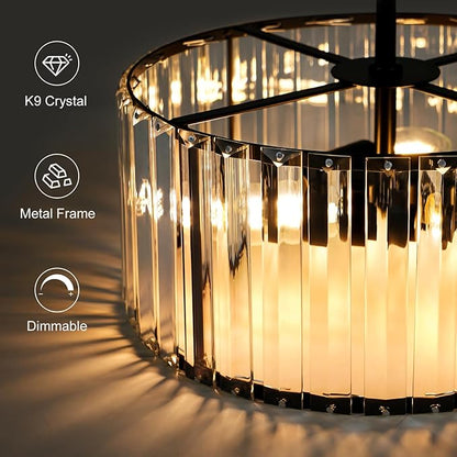 YURNYQ Black Crystal Chandelier for Dining Room, 4-Light Modern Semi Flush Mount Chandelier Lighting Fixtures, Round Kitchen Hanging Drum Pendant Lights Ceiling for Bedroom Entryway Foyer, 15 Inch