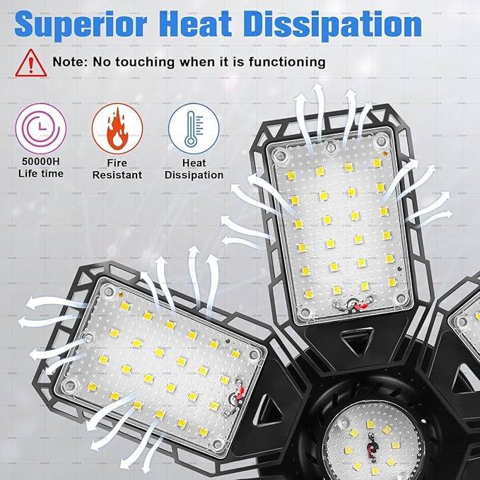 Aoretic LED Garage Lights 4 Pack -180W, 18000LM 6500K Led Shop Light with 6+1 Deformable Panels, Basement Barn Light Garage Ceiling Lights, E26/E27 for Garages, Warehouse, Shop