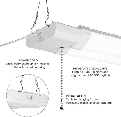 Maxxima 2 ft. Utility LED Adjustable Shop Light Fixture - 5000 Lumens, 50 Watt, Linkable, Frosted Lens 5000K Daylight, Plug in, Pull Chain, Ideal for Garage and Workshop Lighting, Hardware Included